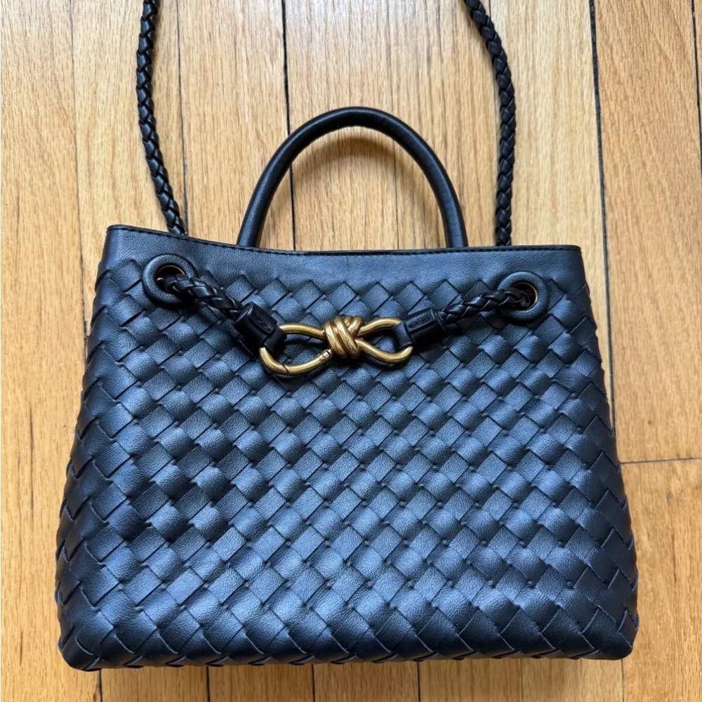 Black Woven Weave Tote Bag with Gold Detail Handles